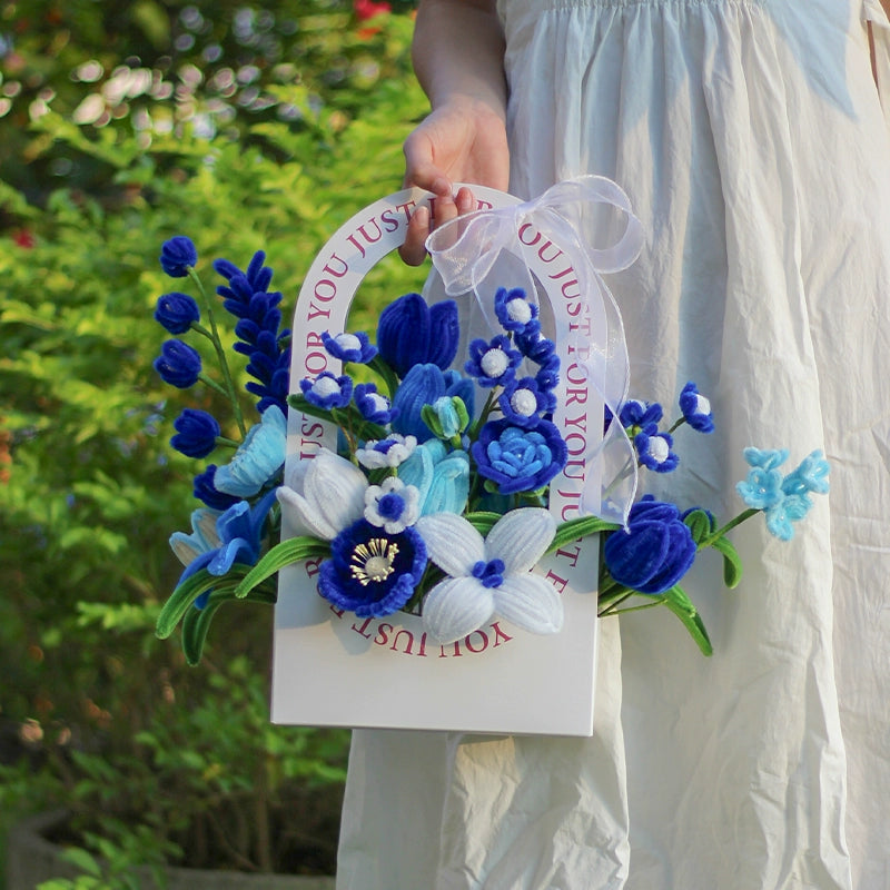 MPLANET Custom Handmade Artificial Pipe Cleaner Velvet Flower Basket | Eternal Floral Arrangement Bouquet | Finished Prodcut | Craft Gift | Wedding Flower | Birthday Gift | Friend Gift | Wife Gift | Personalized Gift